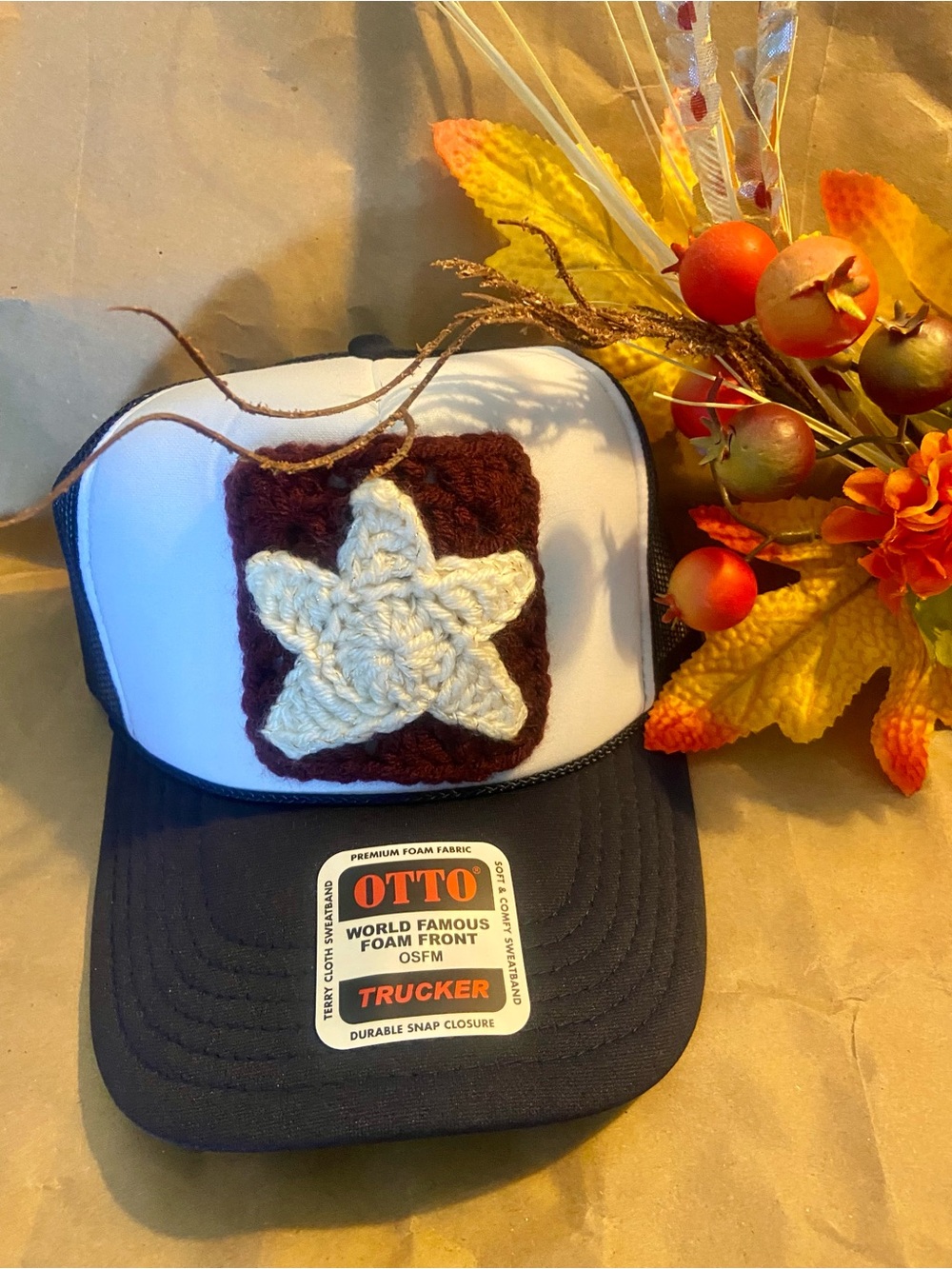 🧢🚚Navy Trucker Hat w/Cream Crochet Star & Burgundy Patch OTTO Brand